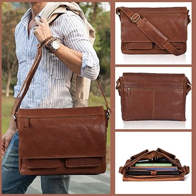 14inch Laptop Womens Leather Messenger Bag Canvas Cowhide 400g