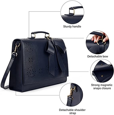 Women'S Vegan Leather Laptop Bag Shoulder Computer Satchel Bag Detachable Bow